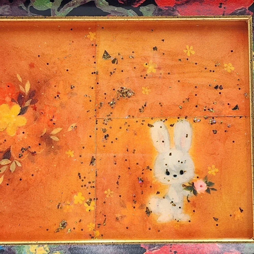 Vintage 1980s Colorful Floral Frame Gold Trim with Vintage Bunny Floral Ephemera